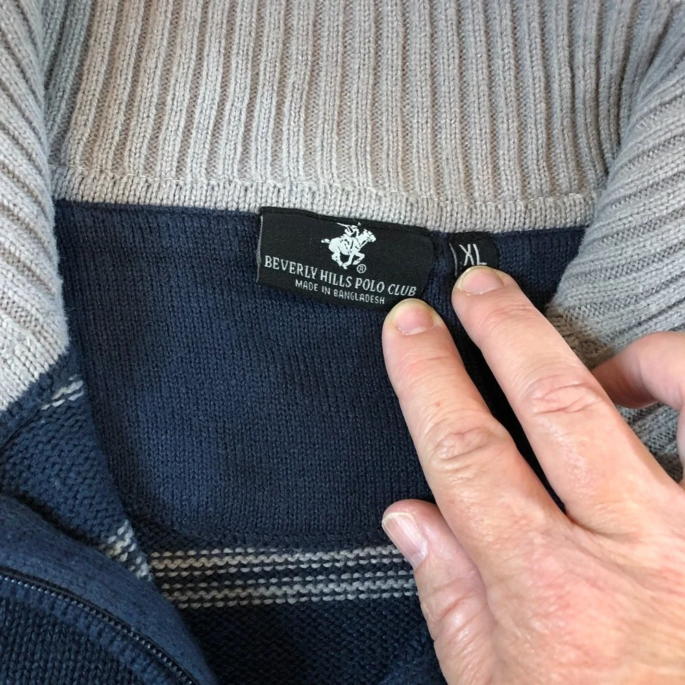Beverly Hills‎ Polo Club Mens XL Gray Blue Stripe Sweater 1/4 Zip Preppy Resort - Picture 4 of 10